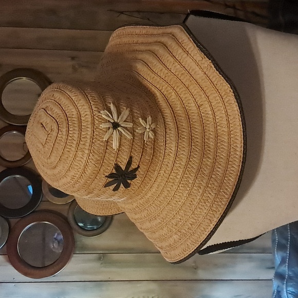 Stylish Boho Tan Floppy Straw Raffia Hat with Floral Accents Packable - Picture 2 of 8